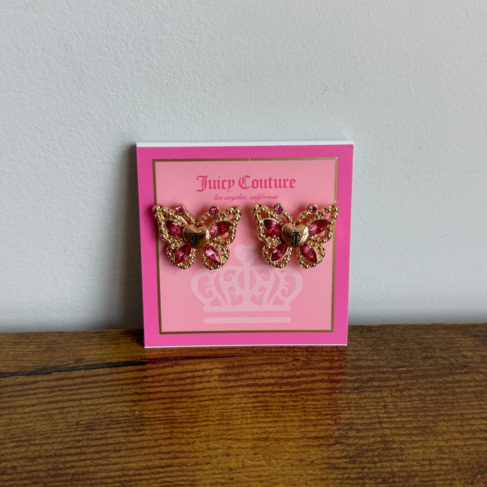New Juicy Couture Gold Tone Butterfly Stud Earrings Cute Pink Sparkly Jewelry